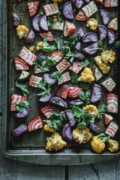 pan of roasted veggies potatoes for health