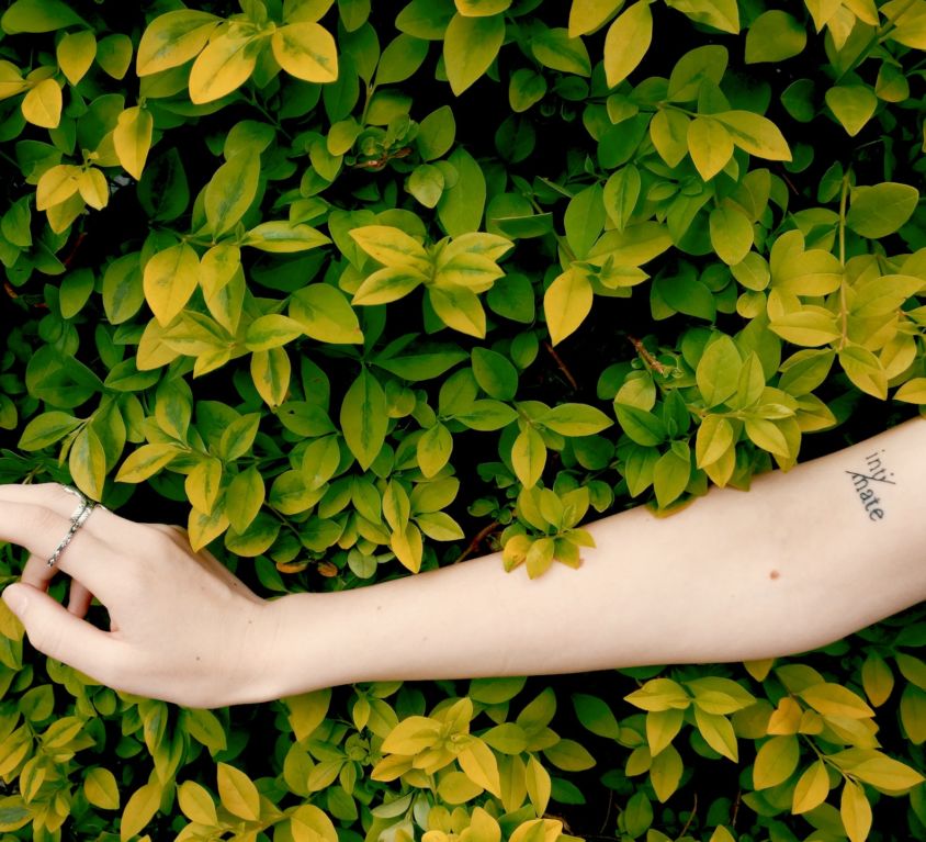 woman's arm in front of leaves innocent intimacy